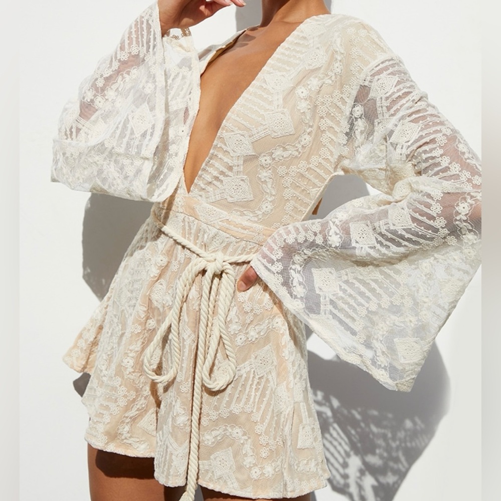 PLT: Nude Lace Flare Sleeve Rope Belt Romper